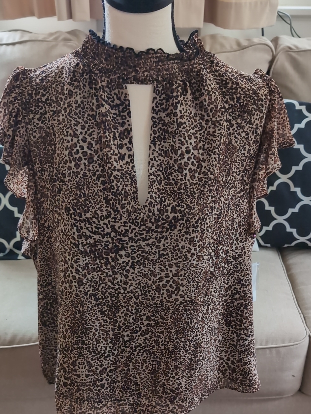 Leopard Print Keyhole Ruffle Sleeve Blouse - Brown